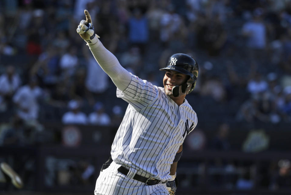 New York Yankees' Gleyber Torres reacts after hitting a walk-off RBI single during the ninth inning of a baseball game at Yankee Stadium, Wednesday, June 26, 2019, in New York. The Yankees defeated the Blue Jays 8-7. (AP Photo/Seth Wenig)