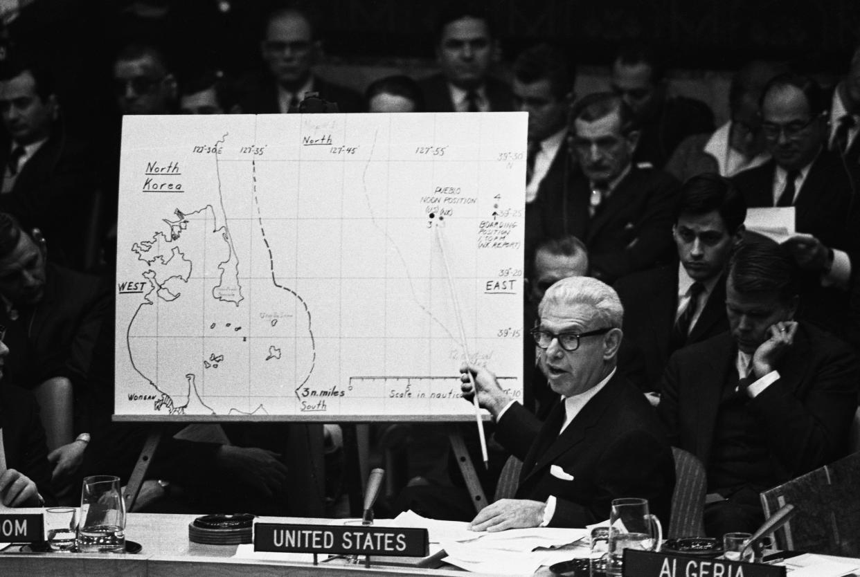 Former U.S. Ambassador Arthur Goldberg uses a map during a presentation before the United Nations Security Council in 1968.