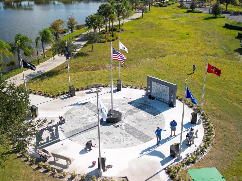 An aerial view of Ave Maria's new veterans memorial on Ave Maria Boulevard