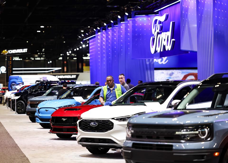 This photo taken on Feb. 8, 2024 shows the Ford lineup at the 2024 Chicago Auto Show at McCormick Place in Chicago, the United States. The 2024 Chicago Auto Show featuring 20-plus manufacturers from all over the world will last from Feb. 10 to 19. (Photo by Joel Lerner/Xinhua via Getty Images)