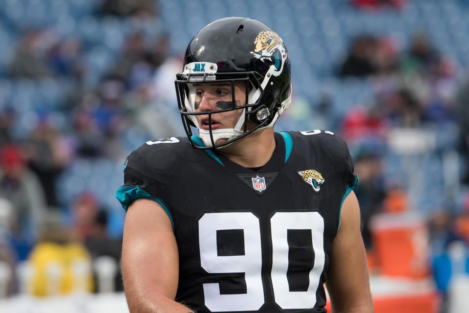 Nov 25, 2018; Orchard Park, NY, USA; Jacksonville Jaguars defensive tackle Taven Bryan (90) warms up prior to a game against the Buffalo Bills at New Era Field. Mandatory Credit: Mark Konezny-USA TODAY Sports