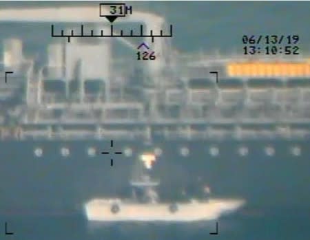 U.S. Pentagon in Washington releases handout imagery that it says shows damage from Iranian mines to commercial ships in Gulf of Oman