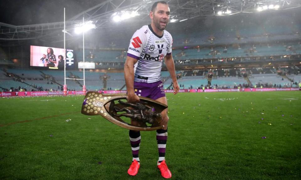 Cameron Smith of the Storm poses with the Premiership trophy after winning the 2020 NRL Grand Final match.\