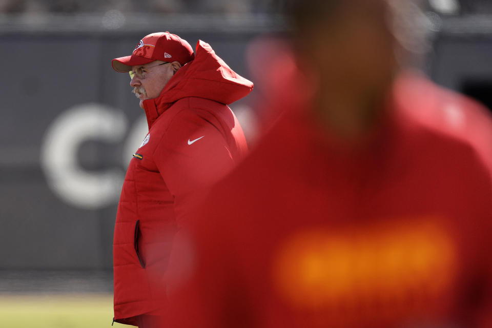 Kansas City Chiefs head coach Andy Reid watches practice Wednesday, Feb. 7, 2024 in Henderson, Nev. The Chiefs are scheduled to play the San Francisco 49ers in the NFL's Super Bowl 58 football game Sunday in Las Vegas. (AP Photo/Charlie Riedel)