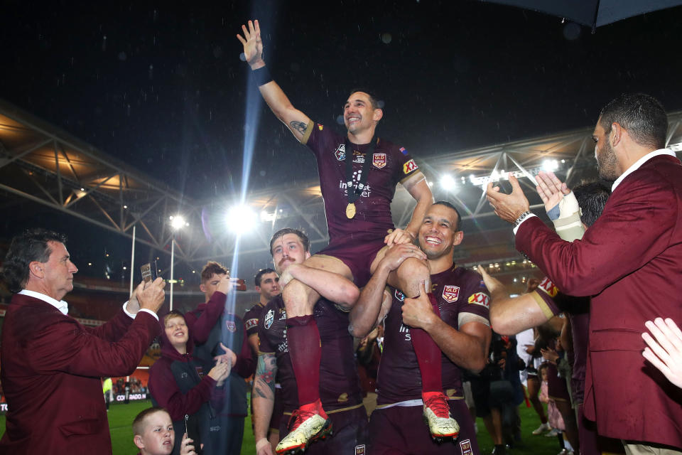 Seen here, Billy Slater is chaired off in his last State of Origin game in Queensland.