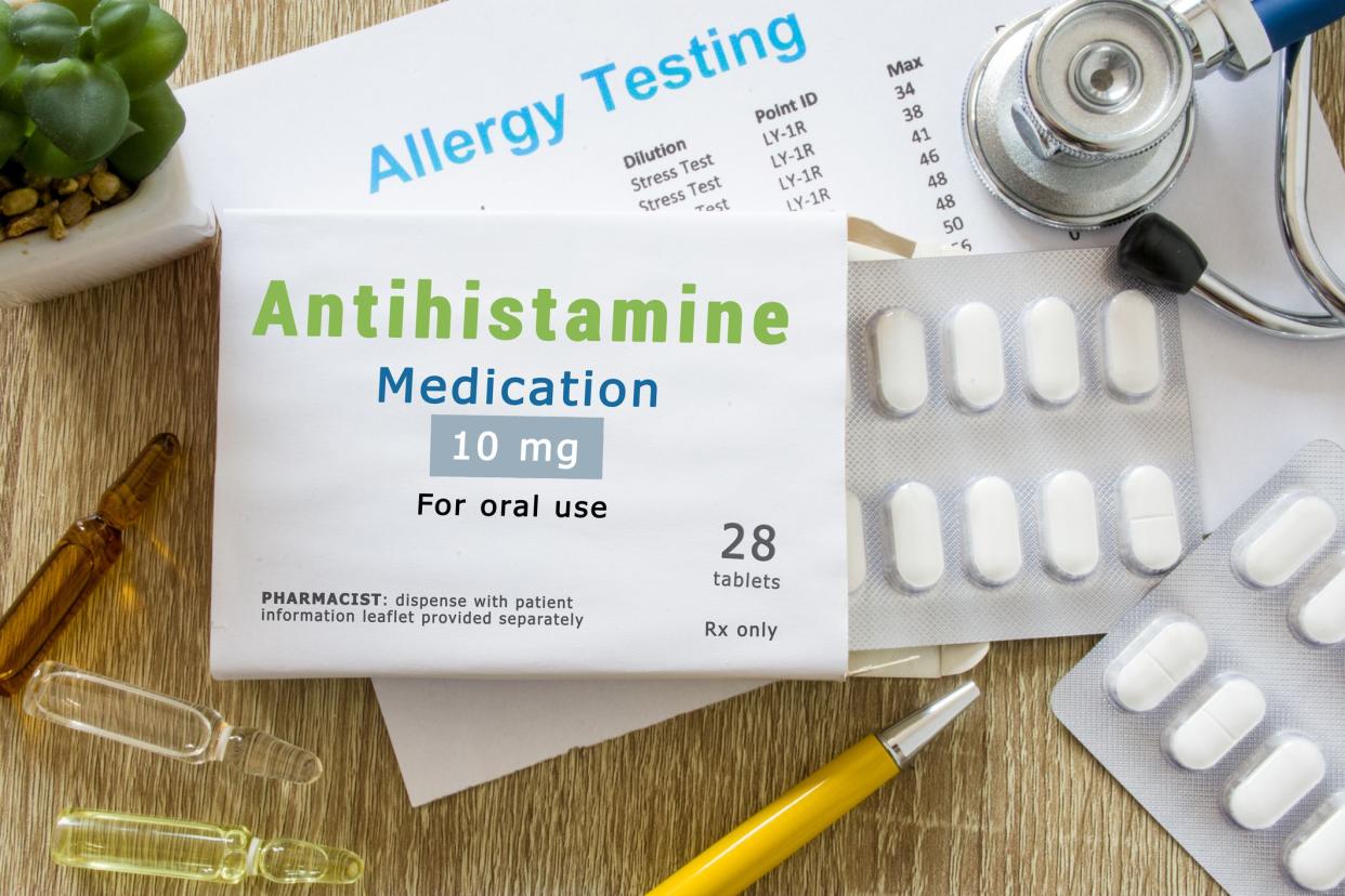 Antihistamine medication or allergy drug concept photo. On doctor table is pack with word