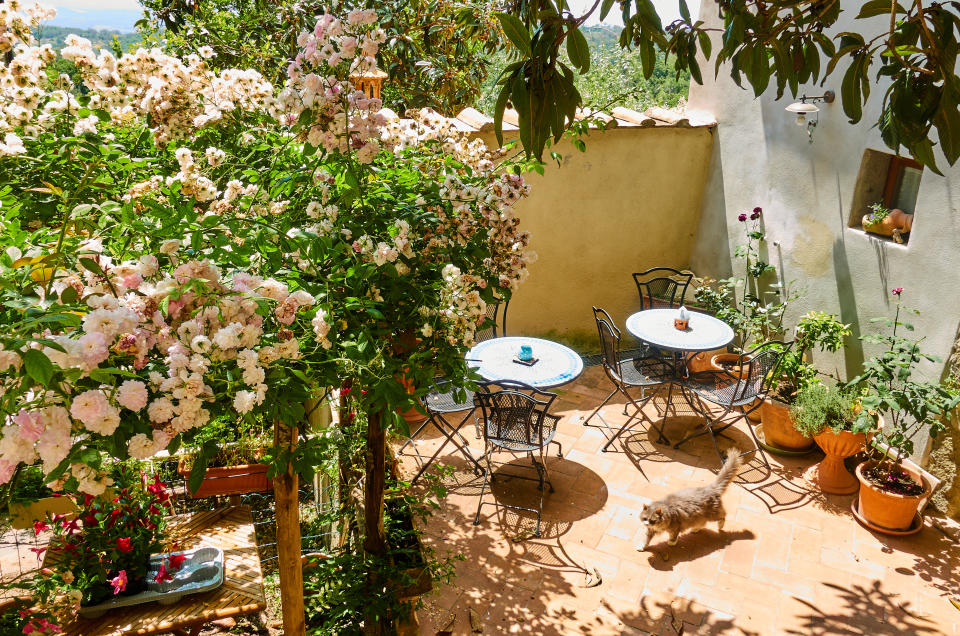 SANTO STEFANO DI SESSANIO, ITALY - JUNE 16: A terrace with flowers of an old house in the medieval town on June 16, 2019 in Santo Stefano di Sessanio, Italy. (Photo by EyesWideOpen/Getty Images)