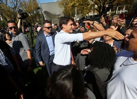 Canada's Prime Minister Justin Trudeau greets the people during an election campaign stop in Winnipeg