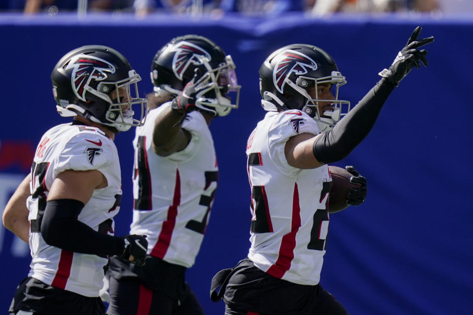 Atlanta Falcons cornerback Isaiah Oliver (26) reacts after recovering a fumble by New York Giants tight end Evan Engram during the first half of an NFL football game, Sunday, Sept. 26, 2021, in East Rutherford, N.J. (AP Photo/Seth Wenig)