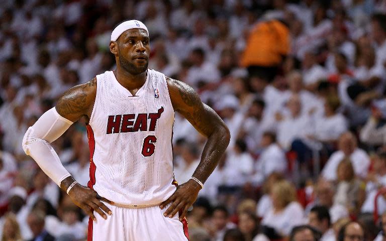 LeBron James of the Miami Heat, seen during Game 1 against the Charlotte Bobcats, of the Eastern Conference quarter-finals of the 2014 NBA Playoffs, at American Airlines Arena in Miami, Florida, on April 20, 2014