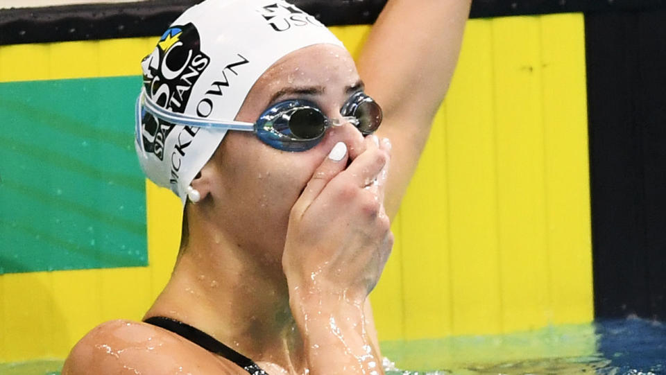 Kaylee McKeown, pictured here after breaking the women's 100m backstroke word record at the Australian National Olympic Swimming Trials.