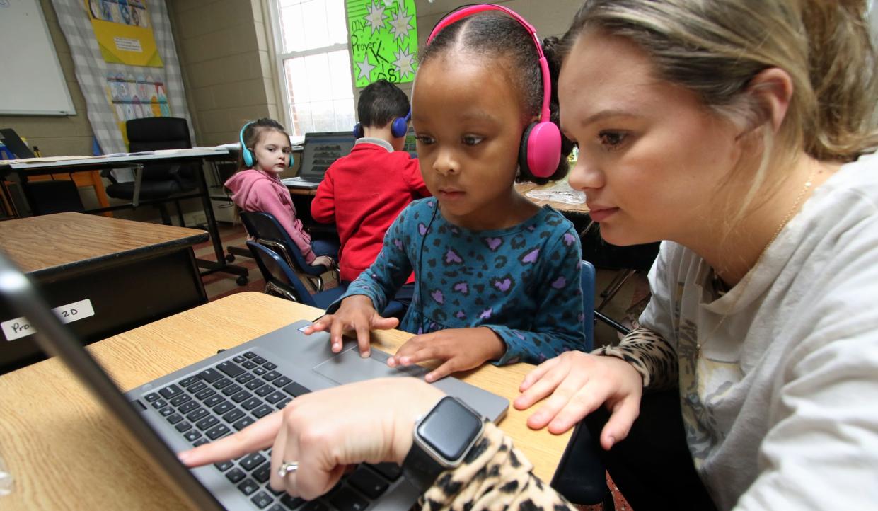 Sadie Heuitt works with Rae Lynn Simms in their kindergarten class at the Shelby campus of Gaston Christian School Thursday morning, Feb. 2, 2023.