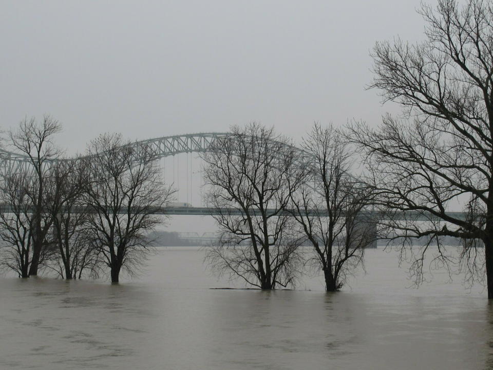 A low-lying park sits flooded by the swollen Mississippi River on Friday, Feb. 22, 2019 in Memphis, Tenn. Located on Memphis' Mud Island, Greenbelt Park (pictured) floods when the Mississippi River reaches high levels. (AP Photo/Adrian Sainz).