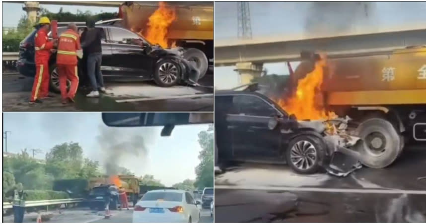 中國山西有司機駕駛華為電動SUV「問界M7」高速撞上一輛灑水車，「問界M7」隨後起火燃燒，車上3人全部遇難。（圖／翻攝X）