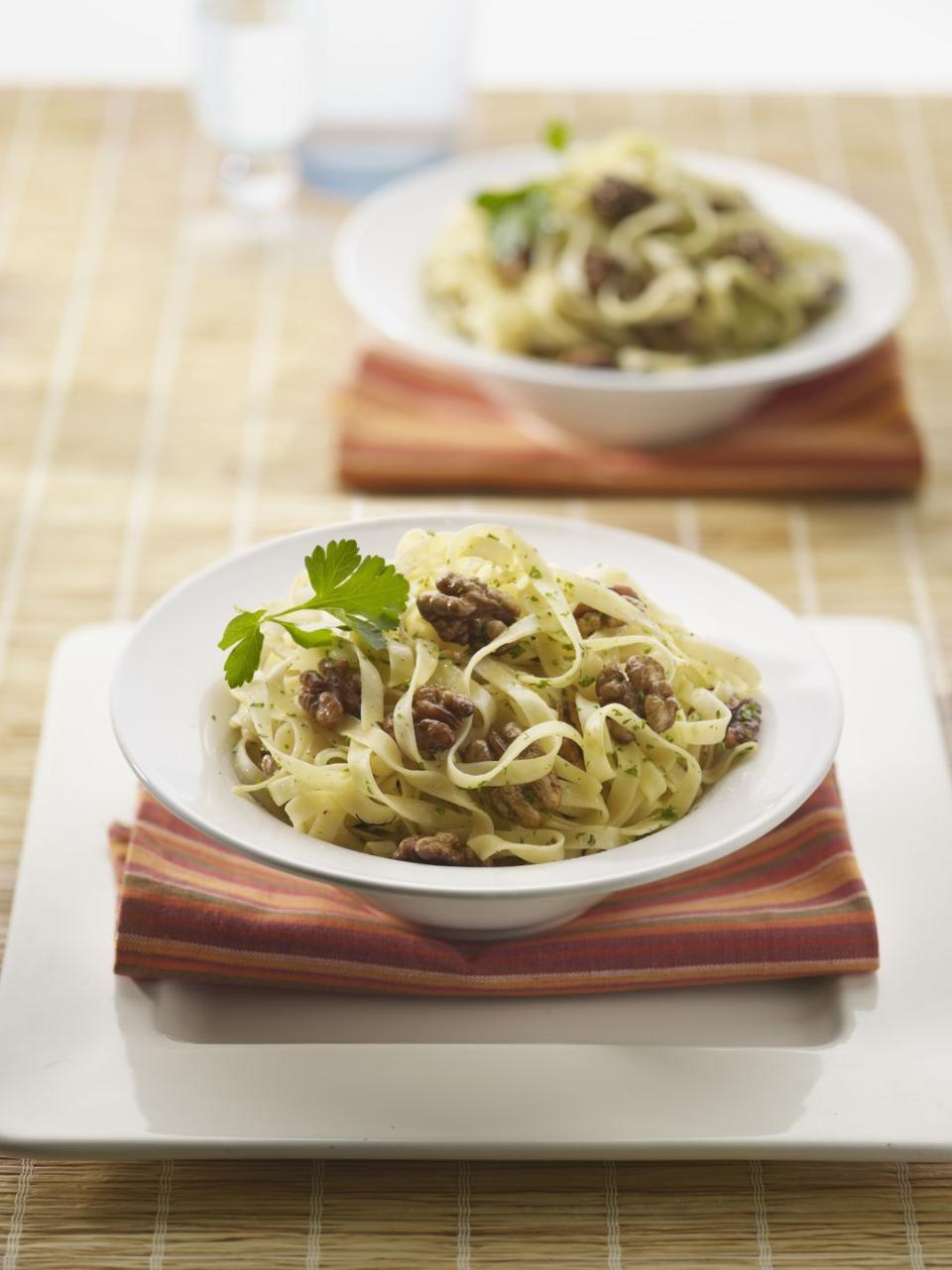 Pasta with Toasted Walnuts, Blue Cheese & Chives