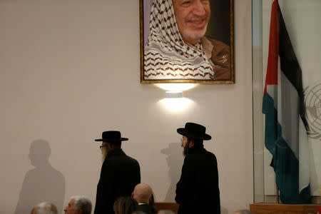 Members of Neturei Karta, a fringe ultra-Orthodox movement within the anti-Zionist bloc, attend the meeting of the Palestinian Central Council in the West Bank city of Ramallah January 14, 2018. REUTERS/Mohamad Torokmam