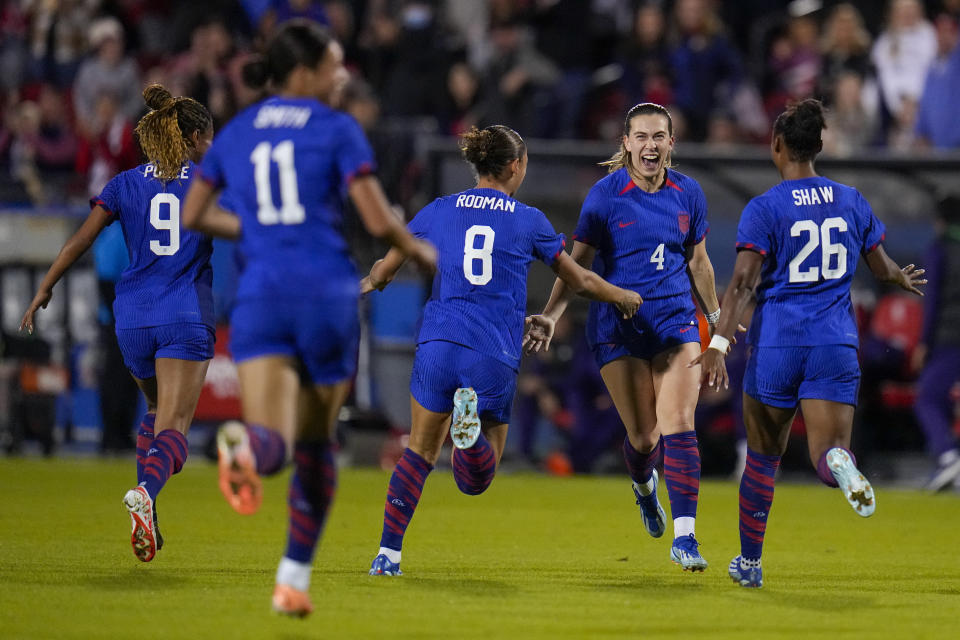United States' Sam Coffey (4) celebrates her second half goal with teammates, from left, Midge Purce, Sophia Smith, Trinity Rodman and Jaedyn Shaw during a women's international friendly soccer match against China, Tuesday, Dec. 5, 2023, in Frisco, Texas. (AP Photo/Julio Cortez)