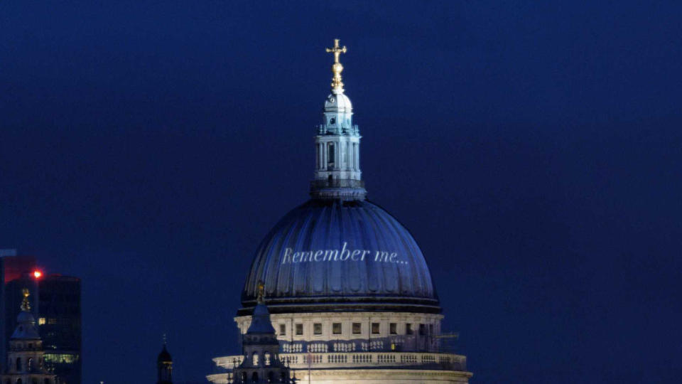 Embargoed to 0001 Friday May 22 Undated handout photo issued by St Paul's Cathedral of the cathedral's famous dome virtually enhanced with writing that reads 'remember me' emblazoned on it - the name of a new online memorial project allowing families of Covid-19 victims to express their "loss and sorrow" but celebrate "everything good" about their loved ones.