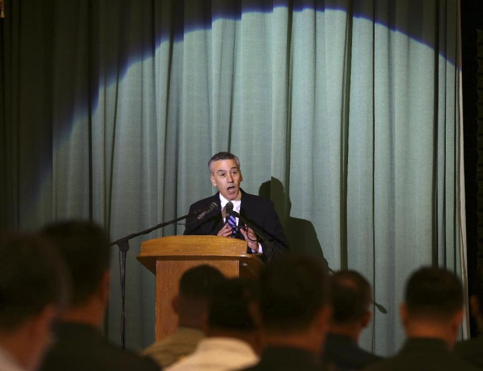 U.S. Ambassador Philip Goldberg gestures as he speaks after signing the Enhanced Defense Cooperation Agreement at Camp Aguinaldo, Philippine military headquarters in suburban Quezon city, north of Manila, Philippines on Monday, April 28, 2014. The U.S. military will have greater access to bases across the Philippines under the new 10-year agreement signed Monday in conjunction with President Barack Obama's visit and seen as an effort by Washington to counter Chinese aggression in the region. (AP Photo/Aaron Favila)