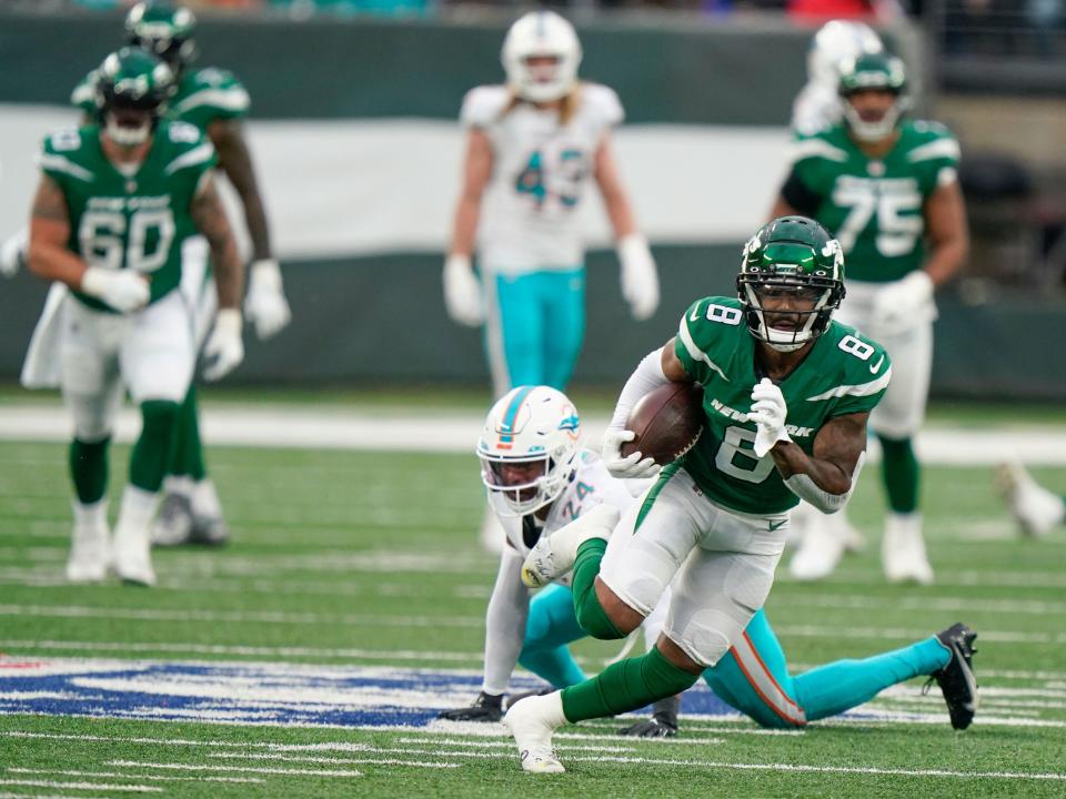 Elijah Moore breaks free against the Miami Dolphins.