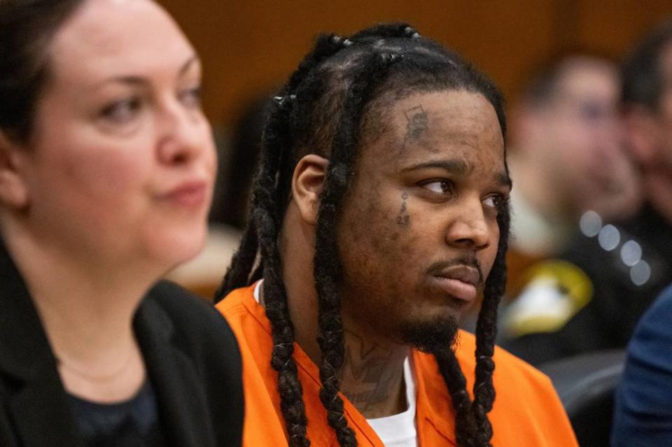 Murder suspect Smiley Martin, 23, listens to testimony in a preliminary court hearing April 4 in the case of the 2022 mass shooting in downtown Sacramento. On Saturday, the Sheriff’s Office found him unresponsive in his jail cell, sources told The Sacramento Bee.