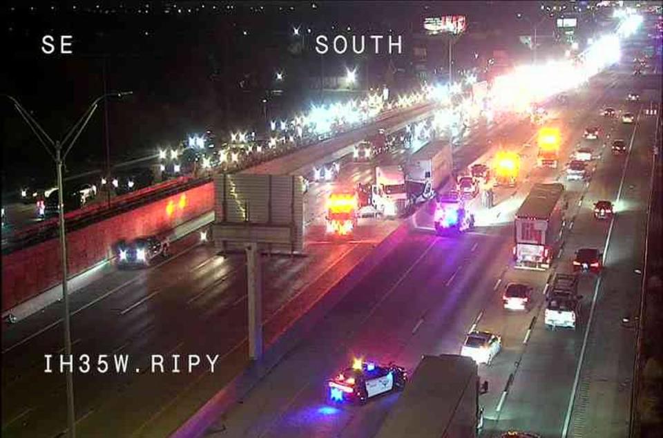 Interstate 35W near Berry Street in Fort Worth was closed Monday night, Sept. 11, 2023, after a fatal accident. Four people died and five were injured, authorities said.