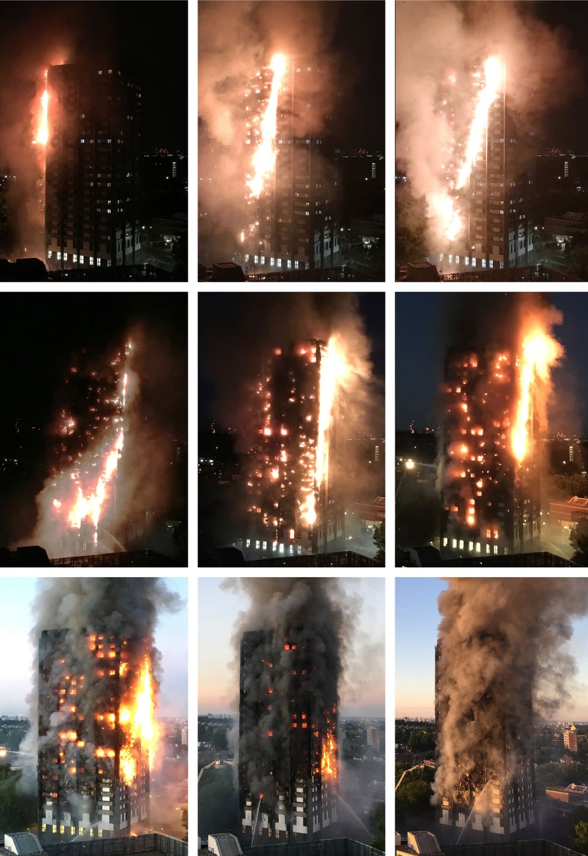 These pictures show how fire swept through Grenfell Tower,  top from left: 0130, 0210, 0234; middle from left: 0308, 0323, 0344; bottom from left: 0420, 0443, 0516 (PA)