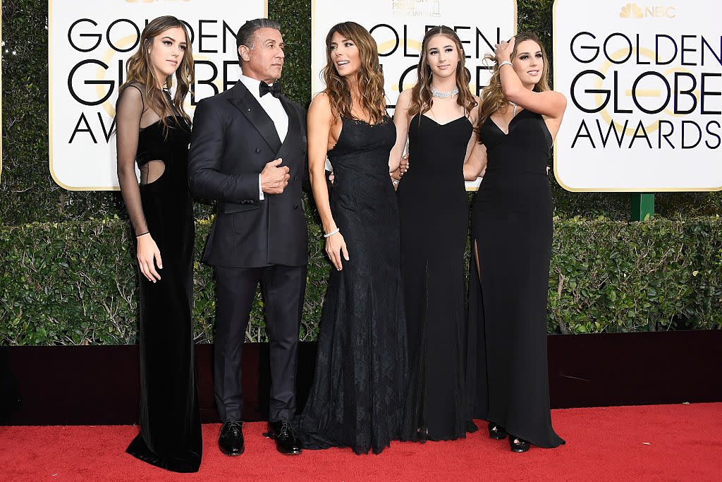 Sylvester Stallone and wife Jennifer Flavin, with their daughters Sistine, Scarlet and Sophia Stallone, attend the 74th Annual Golden Globe Awards on Jan. 8, 2017. (Photo: Frazer Harrison/Getty Images)
