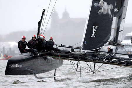 AC45F racing sailboat SoftBank Team Japan sails during practice racing ahead of the America's Cup World Series sailing event in New York, May 6, 2016. REUTERS/Mike Segar