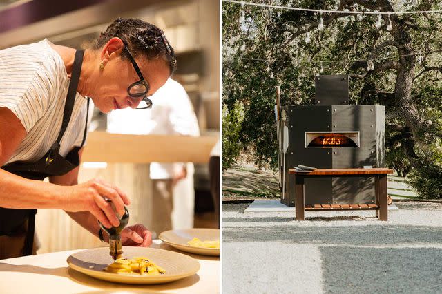 <p>From left: Courtesy of Ojai Valley Inn; Burgundy Blue/Courtesy of Ojai Valley Inn</p> From left: Chef Nancy Silverton at California’s Ojai Valley Inn; a pizza oven ready for action at the Inn.