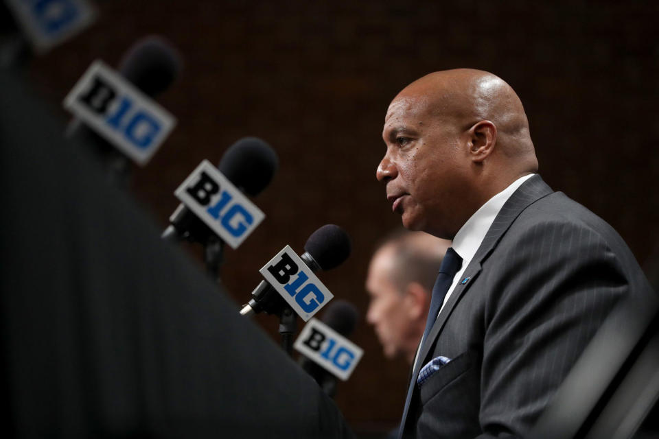 Big Ten commissioner Kevin Warren speaks about the cancellation of the men's basketball tournament at Bankers Life Fieldhouse in Indianapolis, Ind., on Thursday, March 12, 2020. (Chris Sweda/Chicago Tribune/Tribune News Service via Getty Images)