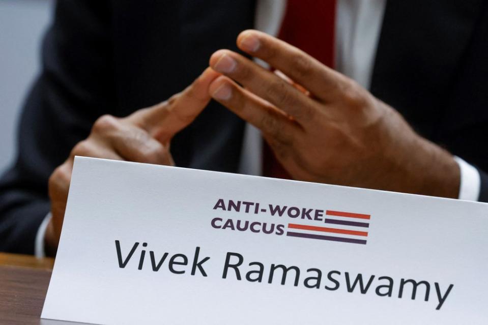 Ramaswamy speaks with reporters after meeting with members of the Anti-Woke Caucus on Capitol Hill in Washington, on June 22, 2023.<span class="copyright">Jonathan Ernst—Reuters</span>