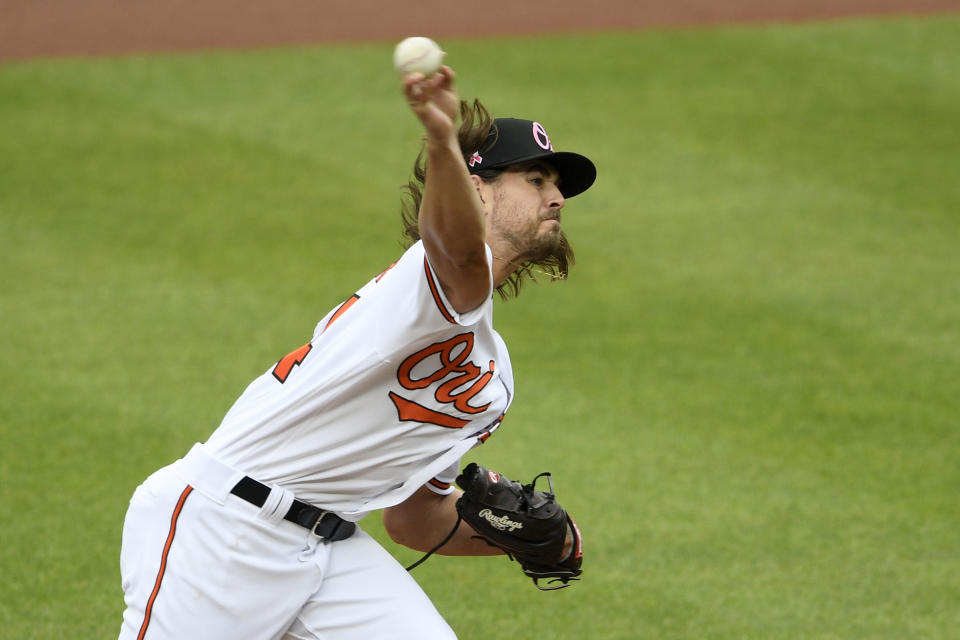 Baltimore Orioles starting pitcher Dean Kremer delivers a pitch during the first inning of a baseball game against the Boston Red Sox, Sunday, May 9, 2021, in Baltimore. (AP Photo/Nick Wass)