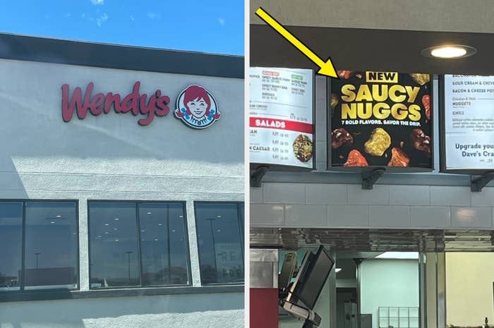 Wendy's drive-thru menu featuring "New Saucy Nuggs" alongside other menu items, promoting bold flavors