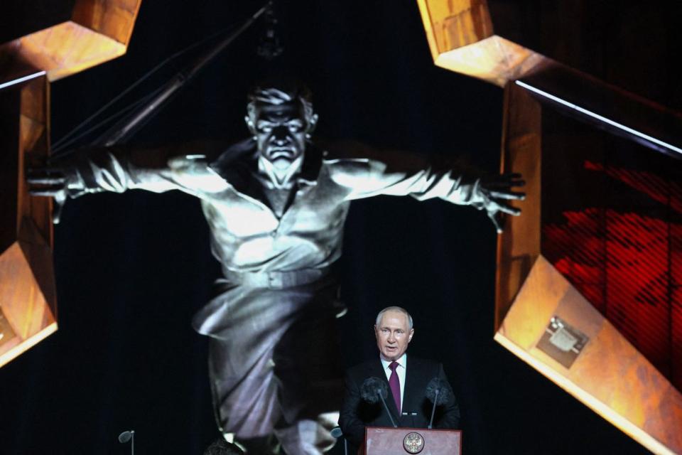 Russia's President Vladimir Putin addressing the audience during a ceremony to mark the 80th anniversary of the victory in the Battle of Kursk, a major World War II Eastern Front battle between Nazi Germany and the Soviet Union, in Kursk, on Aug. 23, 2023. (Photo by GAVRIIL GRIGOROV/POOL/AFP via Getty Images)