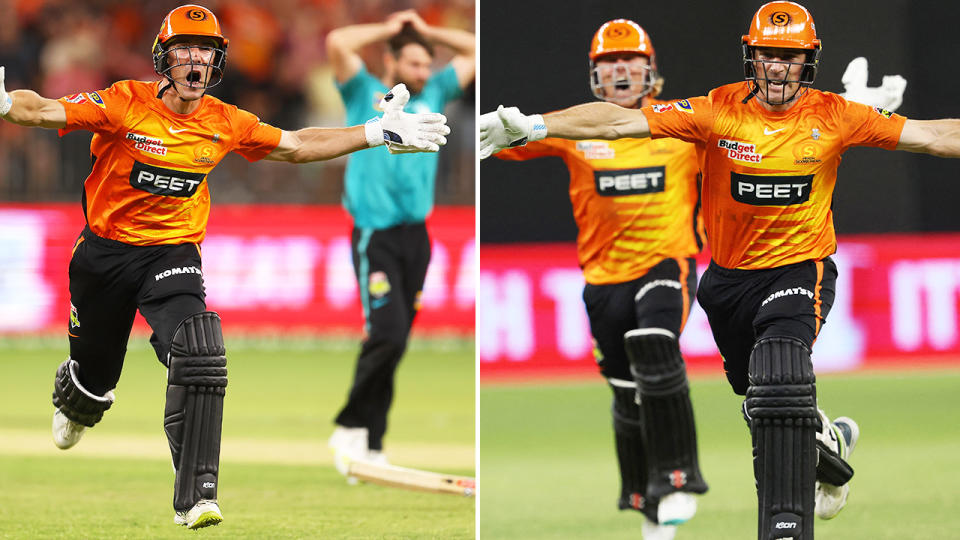 Nick Hobson and Cooper Connolly, pictured here after getting the Perth Scorchers over the line in the BBL final.