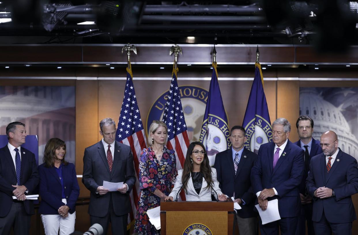Members of the House Freedom Caucus speak to reporters on July 14, 2023, hours before the House passed its version of the National Defense Authorization Act. <a href="https://www.gettyimages.com/detail/news-photo/rep-lauren-boebert-speaks-during-a-press-conference-on-the-news-photo/1543094372?adppopup=true" rel="nofollow noopener" target="_blank" data-ylk="slk:Anna Moneymaker/Getty Images News/Getty Images;elm:context_link;itc:0;sec:content-canvas" class="link ">Anna Moneymaker/Getty Images News/Getty Images</a>