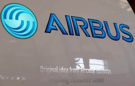 An Airbus logo is pictured on an engine during the delivery of the first series-production LEAP-1A propulsion systems by Aircelle for the A320neo aircraft Airbus family in Colomiers near Toulouse, Southwestern France, April 15, 2016. REUTERS/Regis Duvignau