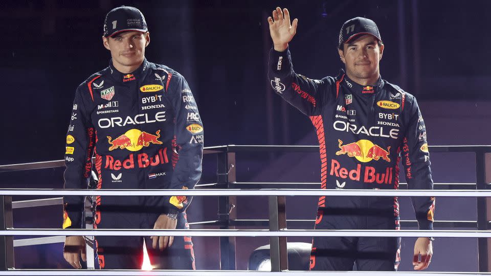 Verstappen and fellow Red Bull driver Sergio Pérez greet spectators at the Las Vegas Grand Prix opening ceremony. - Etienne Laurent/EPA-EFE/Shutterstock