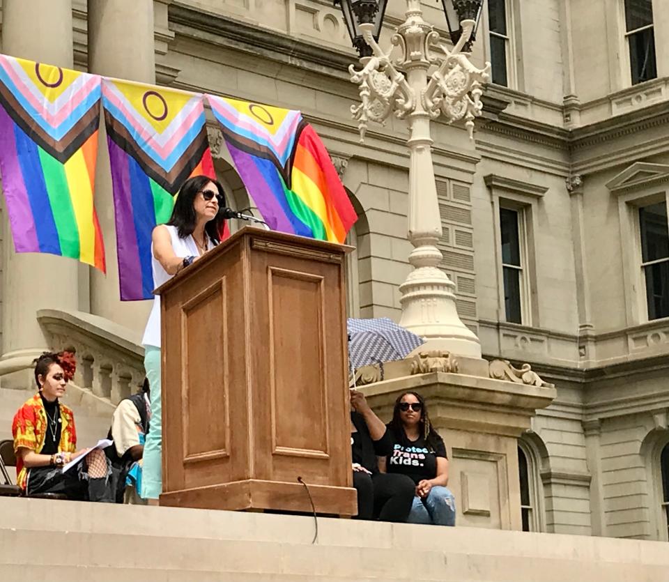 Michigan Attorney General Dana Nessel speaks during the 2022 Michigan Pride Rally in Lansing on June 26, 2022.