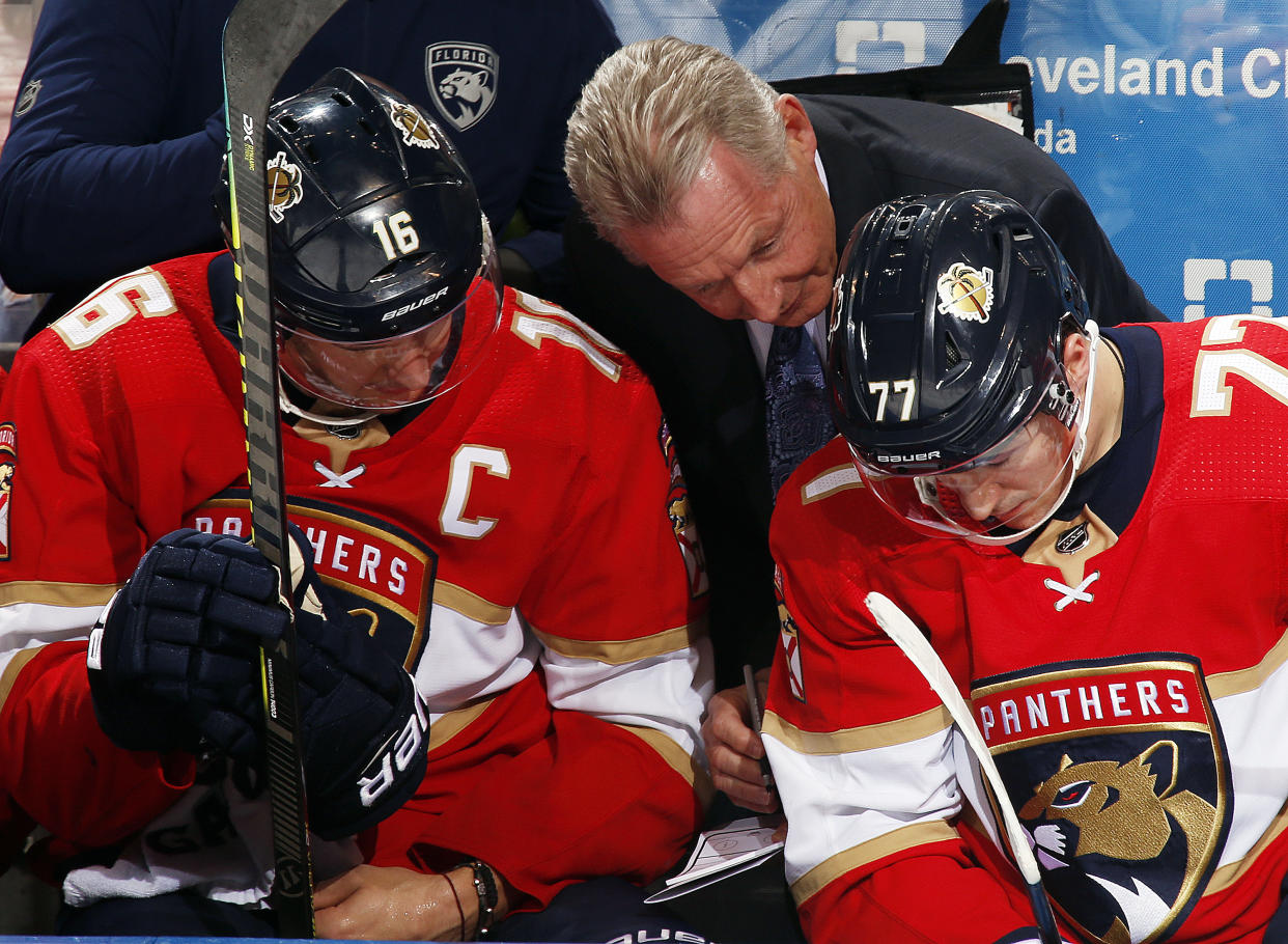 SUNRISE, FL - DECEMBER 12: Florida Panthers Assistant Coach Mike Kitchen maps out a plan with Aleksander Barkov #16 and Frank Vatrano #77 in the third period against the New York Islanders at the BB&T Center on December 12, 2019 in Sunrise, Florida. (Photo by Eliot J. Schechter/NHLI via Getty Images)