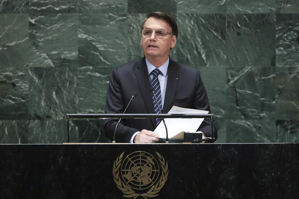 NEW YORK, NY - SEPTEMBER 24:  President of Brazil Jair Messias Bolsonaro addresses the United Nations General Assembly at UN headquarters on September 24, 2019 in New York City. World leaders from across the globe are gathered at the 74th session of the UN General Assembly, amid crises ranging from climate change to possible conflict between Iran and the United States. (Photo by Drew Angerer/Getty Images)