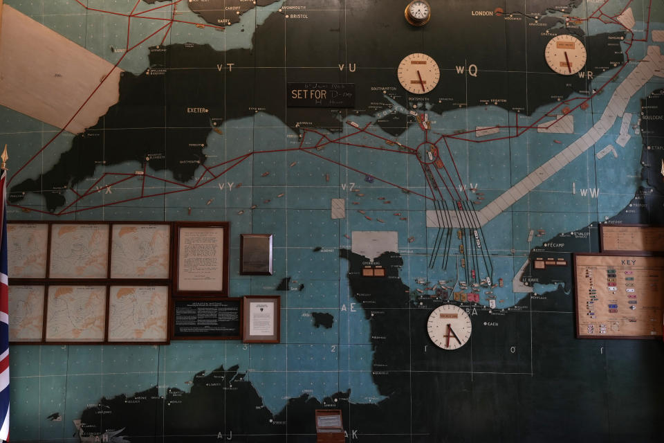 An overall view of the map showing the invasion routes takes by the allied forces to the beaches in Normandy for the D-Day invasion, in the Map room at Southwick army base near Portsmouth, England Monday, June 3, 2024. (AP Photo/Alastair Grant)