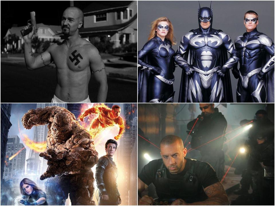 Clockwise from top right: American History X, Batman and Robin, Babylon AD, and Fantastic Four