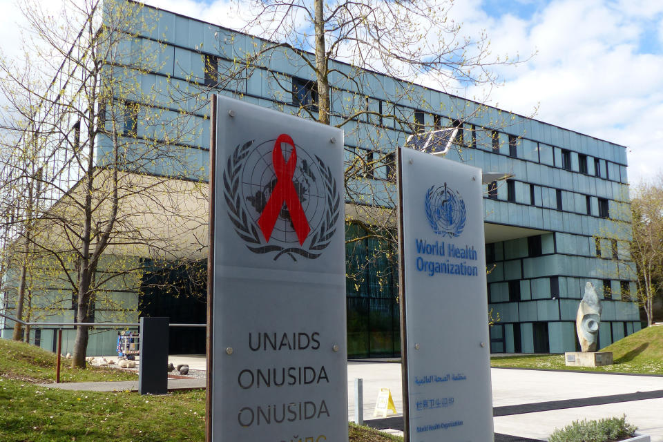 This Monday, April 8, 2019 photo shows the headquarters building of UNAIDS in Geneva. Documents obtained by The Associated Press reveal the U.N.’s AIDS agency is grappling with previously unreported allegations of financial and sexual misconduct involving a staffer who went public in 2018 with claims she was sexually assaulted by a top deputy. (AP Photo/Jamey Keaten)