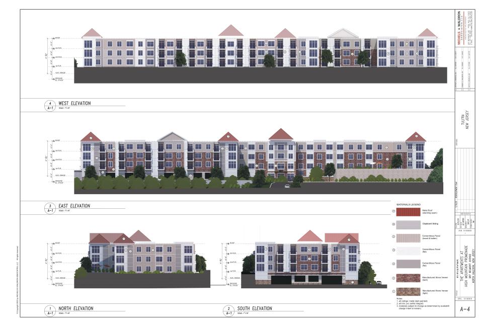 Architect's renderings of proposed apartment building at High Mountain Promenade on Belmont Avenue in North Haledon.