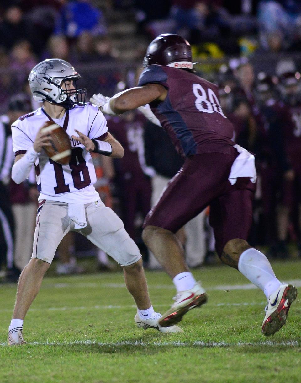 Idriz Ahmetovic got varsity playing time at quarterback as a sophomore and is now the starter for an undefeated team as a senior. Here, he plays in a playoff game against Shippensburg in 2021.