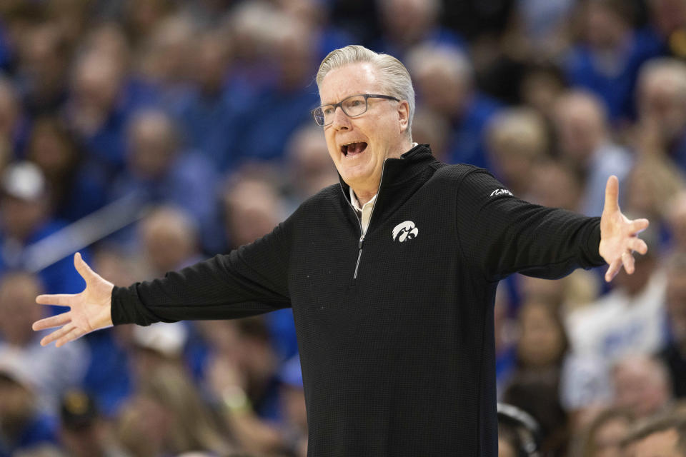 Iowa coach Fran McCaffery protests a travel call against the team during the first half of an NCAA college basketball game against Creighton, Tuesday, Nov. 14, 2023, in Omaha, Neb. (AP Photo/Rebecca S. Gratz)