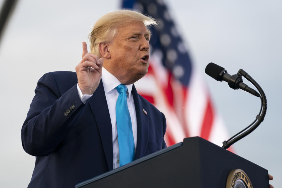 President Donald Trump speaks during a campaign rally at Arnold Palmer Regional Airport, Thursday, Sept. 3, 2020, in Latrobe, Pa. (AP Photo/Evan Vucci)