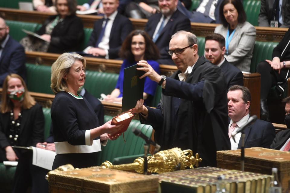 ONE EDITORIAL USE ONLY. NO SALES. NO ARCHIVING. NO ALTERING OR MANIPULATING. NO USE ON SOCIAL MEDIA UNLESS AGREED BY HOC PHOTOGRAPHY SERVICE. MANDATORY CREDIT: UK Parliament/Jessica Taylor Handout photo issued by UK Parliament of Conservative Anna Firth is sworn in as the MP for Southend West at the House of Commons chamber, London. Issue date: Monday February 7, 2022.